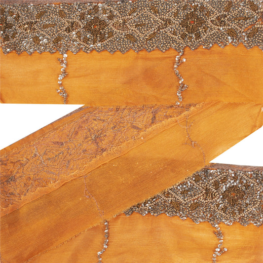 SANSKRITI VINTAGE SAREE BORDER HAND BEADED 1 YD TRIMS LACE 3W PURE SILK SAFFRON