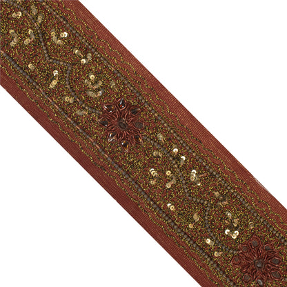 Sanskriti Vintage Sari/Saree Border Hand Beaded Zari 1 YD Trim Maroon 2.5W Lace