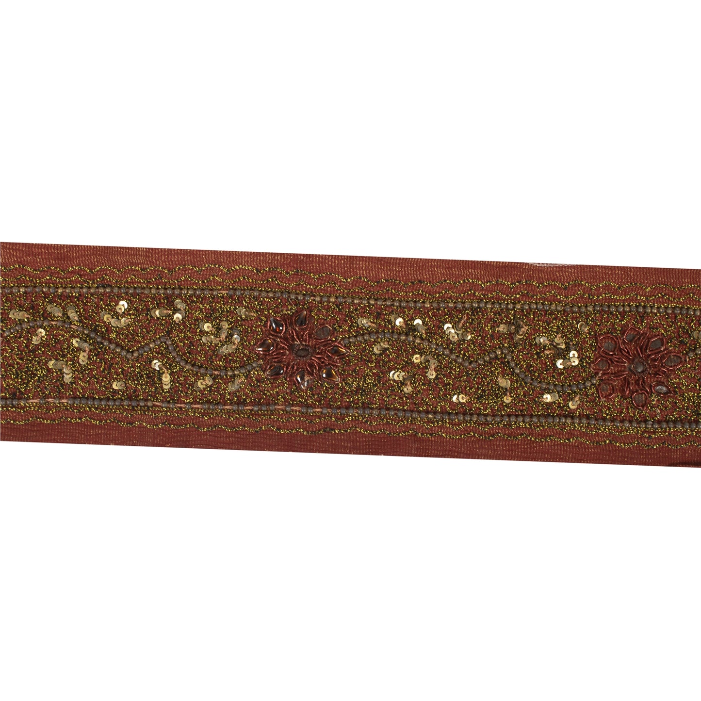 Sanskriti Vintage Sari/Saree Border Hand Beaded Zari 1 YD Trim Maroon 2.5W Lace