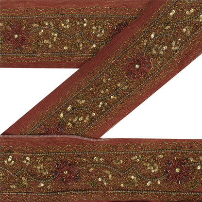 Sanskriti Vintage Sari/Saree Border Hand Beaded Zari 1 YD Trim Maroon 2.5W Lace