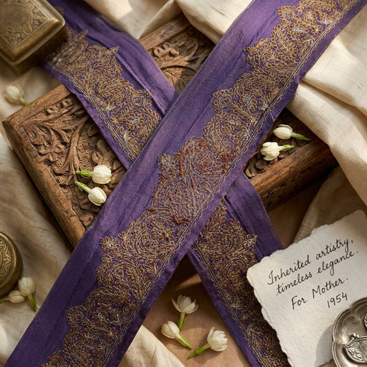 Sanskriti Vintage Purple Pure Crepe 1 YD Sari Border Embroidered Craft Trim Lace