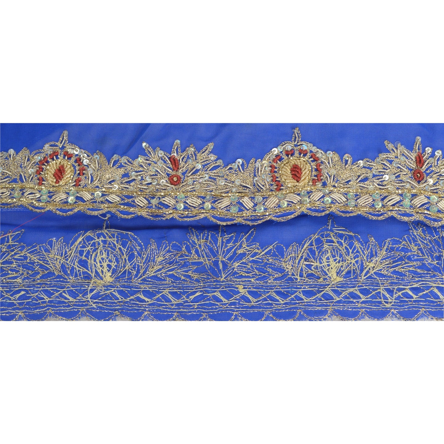 Sanskriti Vintage Sari Border Hand Beaded Craft 1Yd Sewing Royal Blue Trims Lace