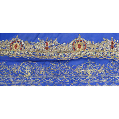 Sanskriti Vintage Sari Border Hand Beaded Craft 1Yd Sewing Royal Blue Trims Lace