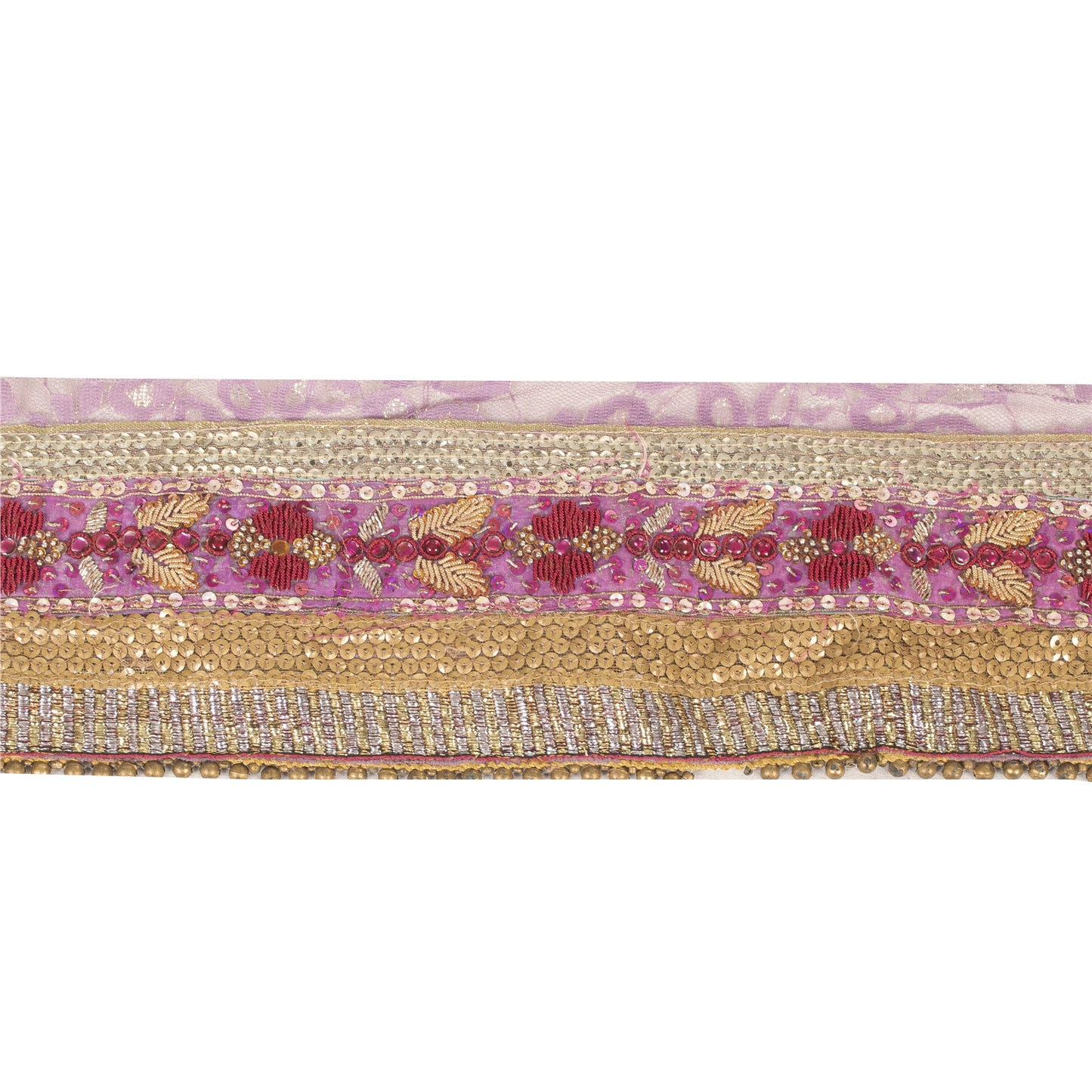 Sanskriti Vintage Saree Border Hand Beaded Zardozi Woven 1 Yard Craft Pink Trim