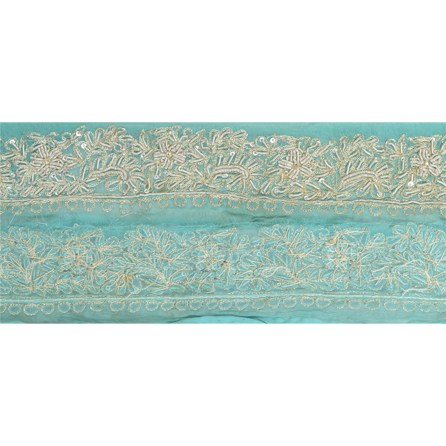 Sanskriti Vintage Sari Border Hand Beaded Craft 1 Yd Sewing Sea Green Trims Lace