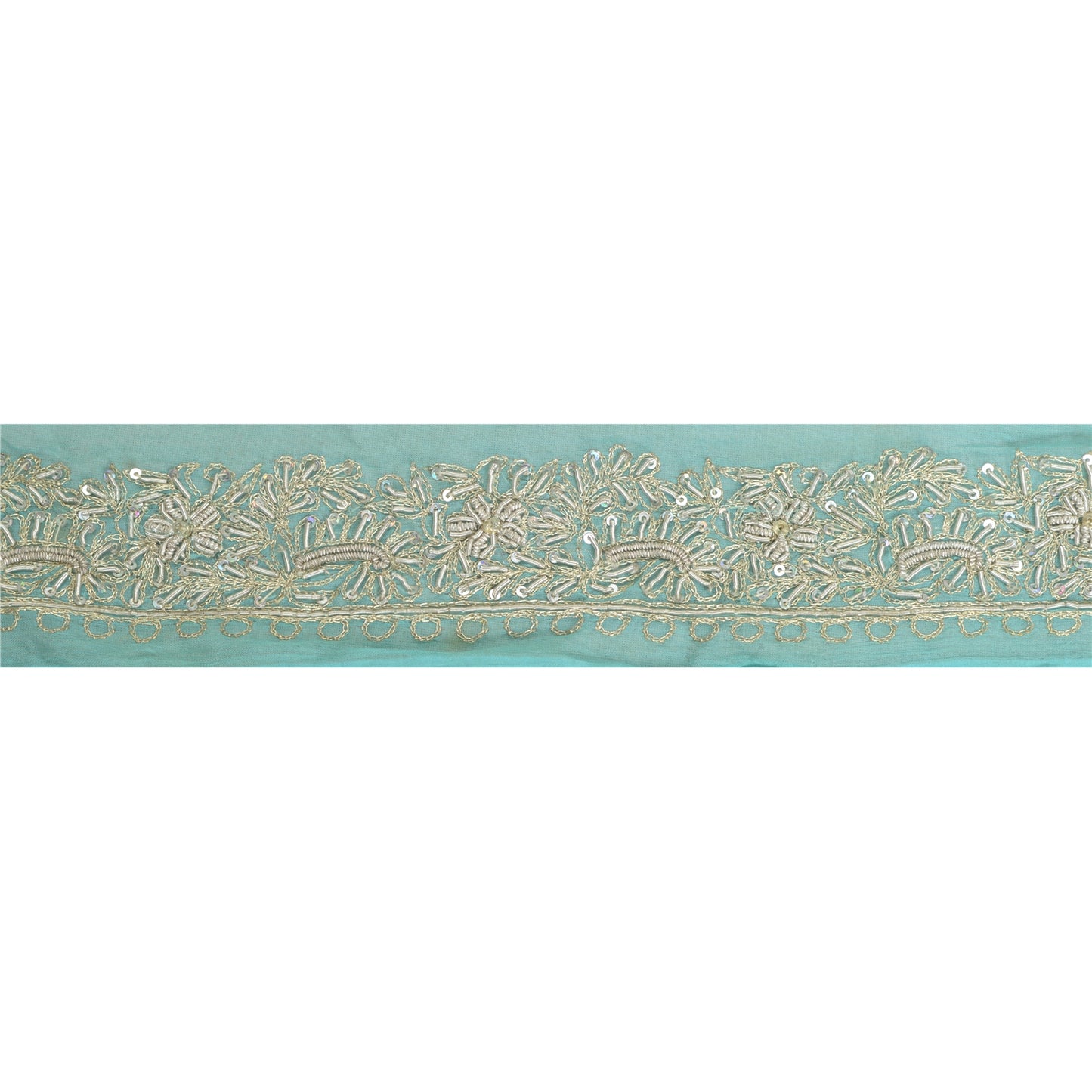 Sanskriti Vintage Sari Border Hand Beaded Craft 1 Yd Sewing Sea Green Trims Lace