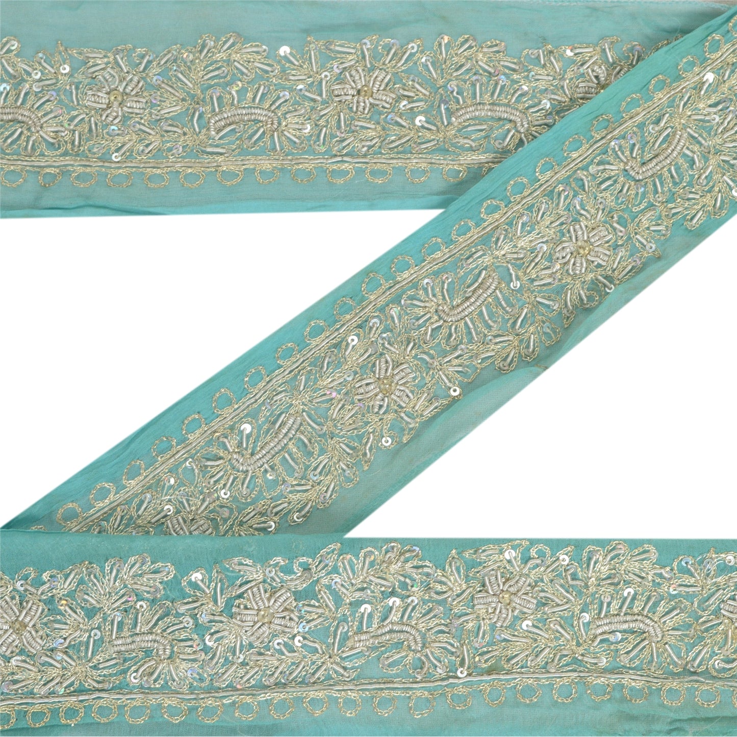 Sanskriti Vintage Sari Border Hand Beaded Craft 1 Yd Sewing Sea Green Trims Lace