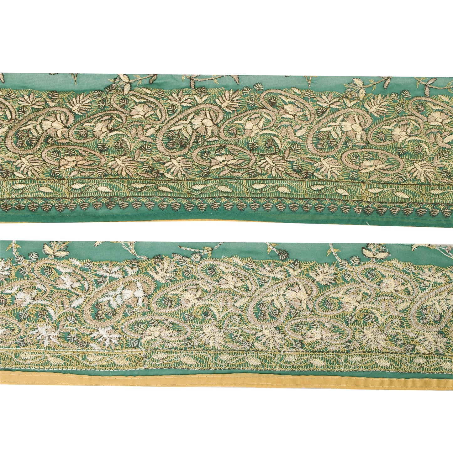 Sanskriti Vintage Sari Border Hand Embroidered Craft 1YD Sewing Green Trims Lace