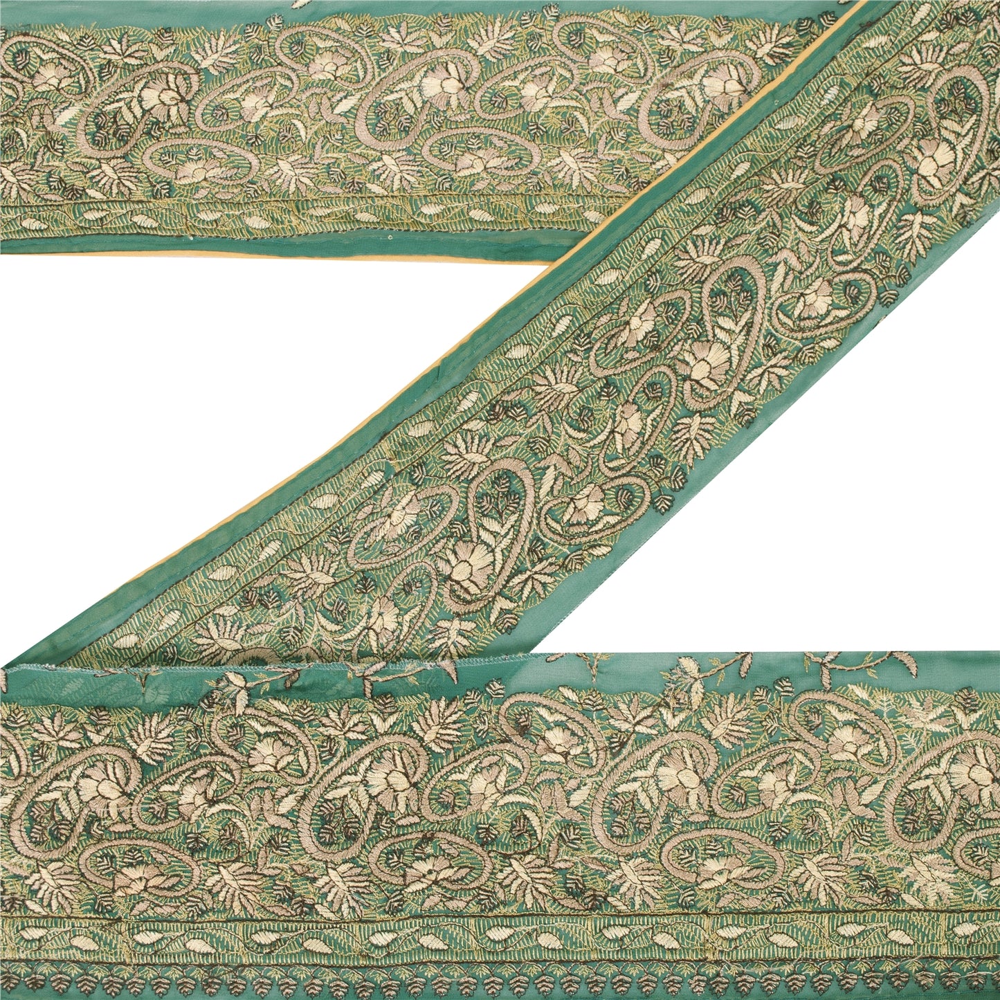 Sanskriti Vintage Sari Border Hand Embroidered Craft 1YD Sewing Green Trims Lace
