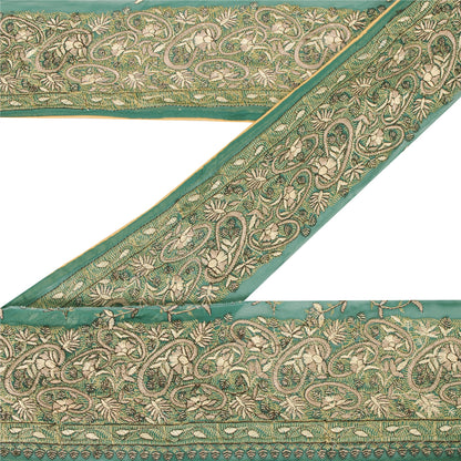 Sanskriti Vintage Sari Border Hand Embroidered Craft 1YD Sewing Green Trims Lace