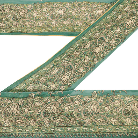 Sanskriti Vintage Sari Border Hand Embroidered Craft 1YD Sewing Green Trims Lace