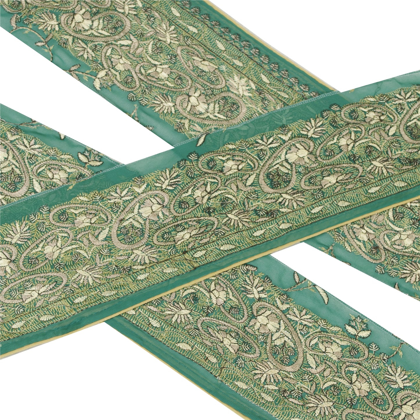 Sanskriti Vintage Sari Border Hand Embroidered Craft 1YD Sewing Green Trims Lace