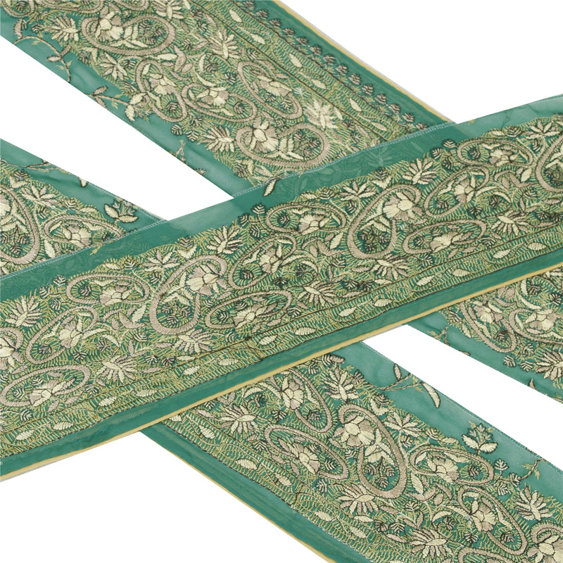 Sanskriti Vintage Sari Border Hand Embroidered Craft 1YD Sewing Green Trims Lace