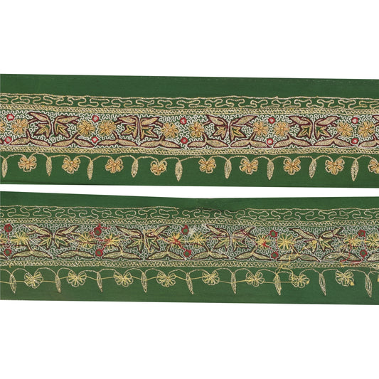 Sanskriti Vintage Sari Border Hand Beaded Zari 1 YD Trim Green 2.5W Decor Lace
