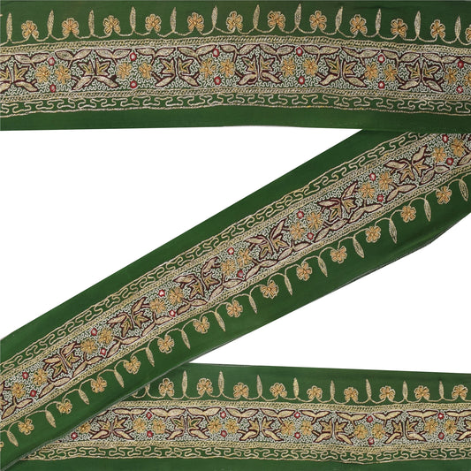 Sanskriti Vintage Sari Border Hand Beaded Zari 1 YD Trim Green 2.5W Decor Lace