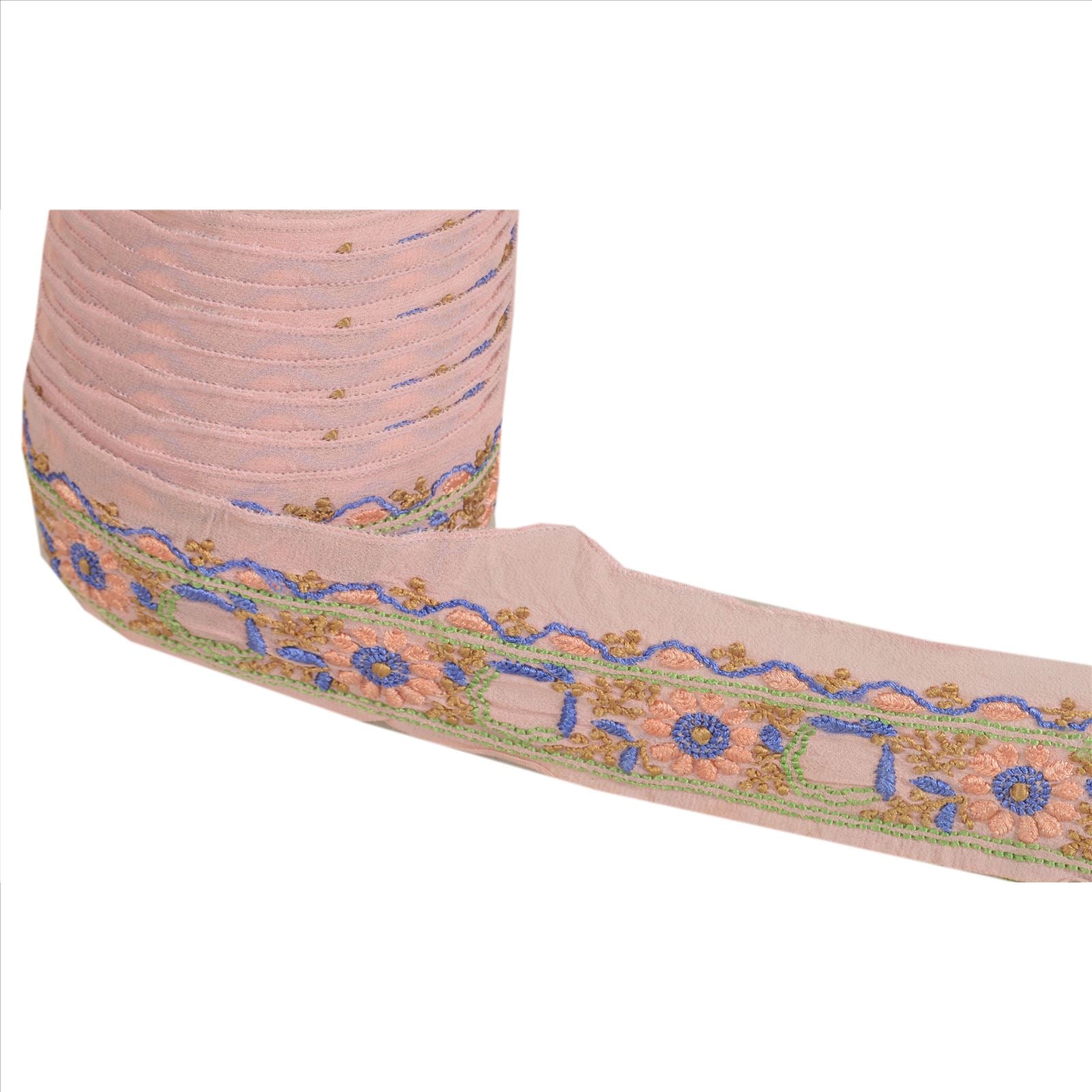Sanskriti Vintage Saree/Sari Border Hand Embroidered 1Yd Indian Trim Decor Ribbon Pink Georgette Lace