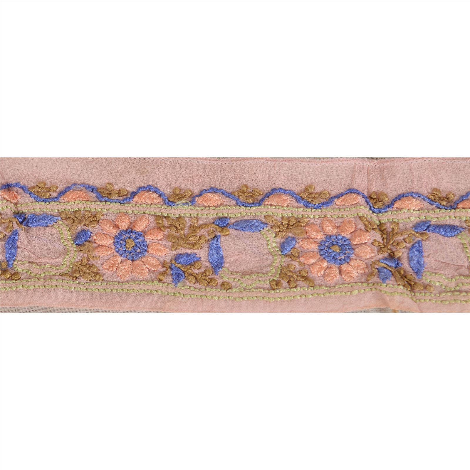 Sanskriti Vintage Saree/Sari Border Hand Embroidered 1Yd Indian Trim Decor Ribbon Pink Georgette Lace