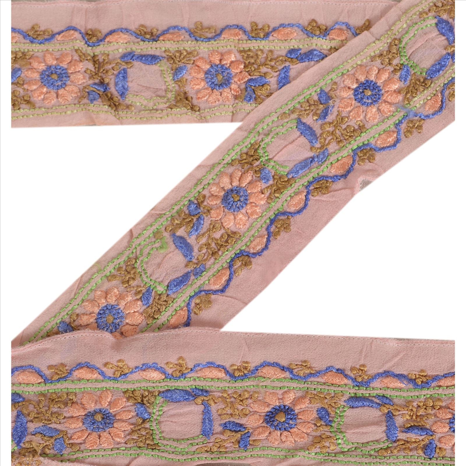 Sanskriti Vintage Saree/Sari Border Hand Embroidered 1Yd Indian Trim Decor Ribbon Pink Georgette Lace