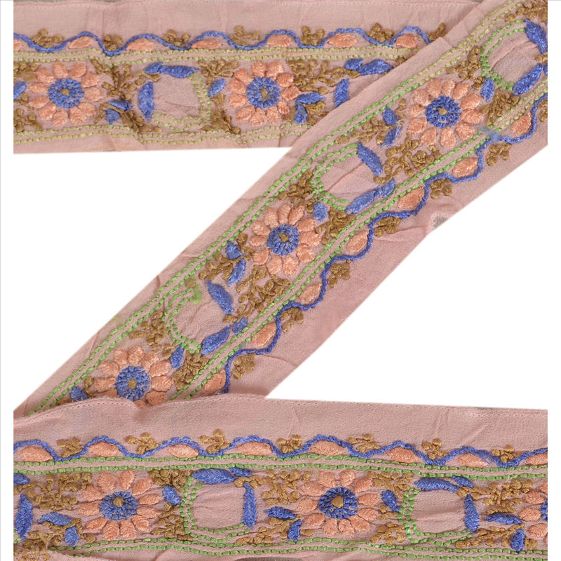 Sanskriti Vintage Saree/Sari Border Hand Embroidered 1Yd Indian Trim Decor Ribbon Pink Georgette Lace upholstery fabric