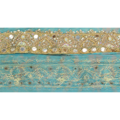 Sanskriti Vintage Sari Border Hand Beaded Craft 1 Yd Sewing Sky Blue Trims Lace