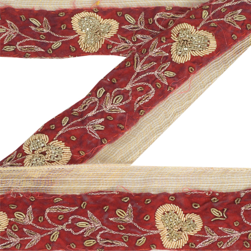 Sanskriti Vintage Sari Kant Håndperlet 1 Yard Indisk Kant Syning Mørkerød Blonde
