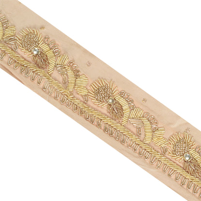 Sanskriti Vintage Sari Border Hand Embroidered Craft 1Yd Sewing Peach Trims Lace