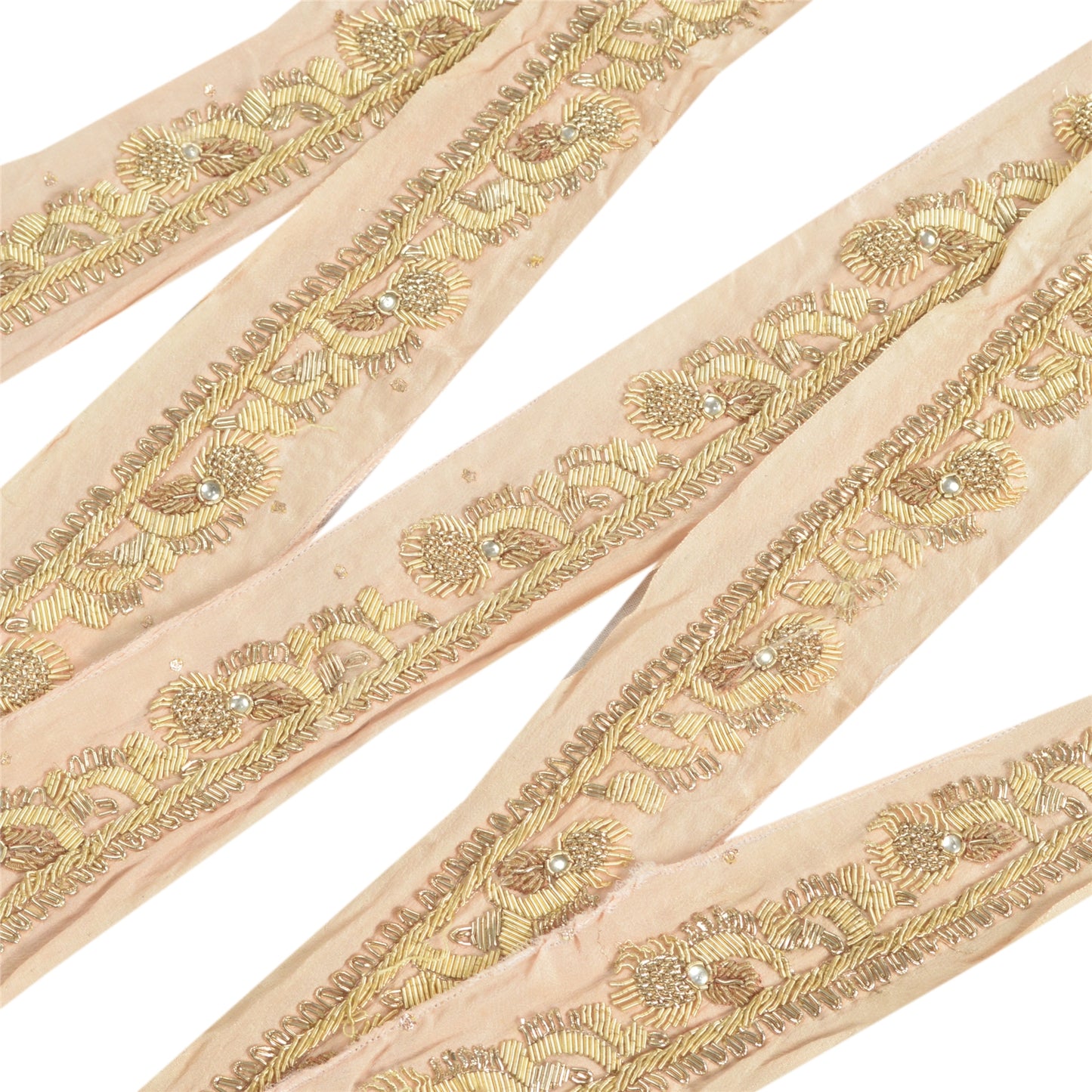 Sanskriti Vintage Sari Border Hand Embroidered Craft 1Yd Sewing Peach Trims Lace