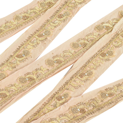 Sanskriti Vintage Sari Border Hand Embroidered Craft 1Yd Sewing Peach Trims Lace