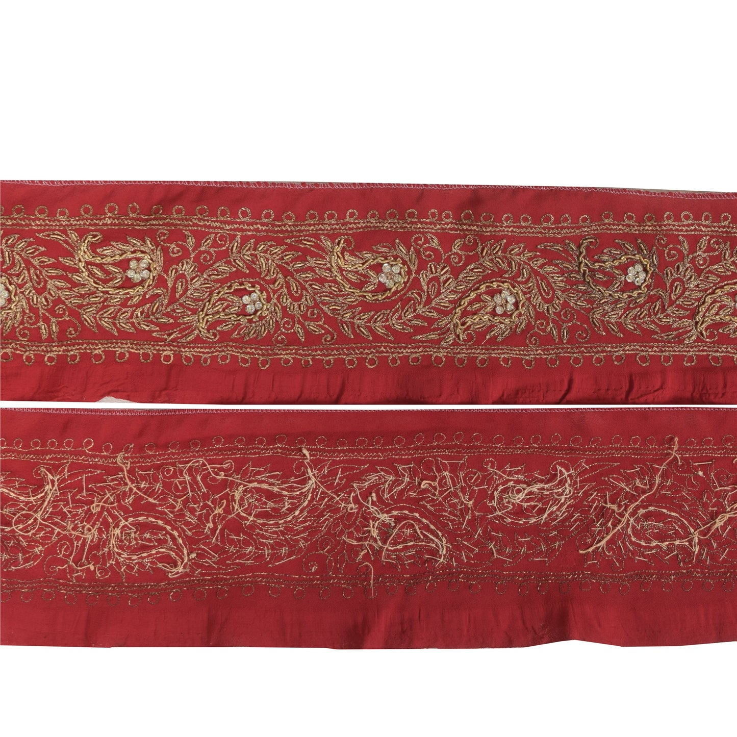 Sanskriti Vintage Sari/Saree Border Hand Beaded Zari 1 YD Trim Marron 2.5W Lace