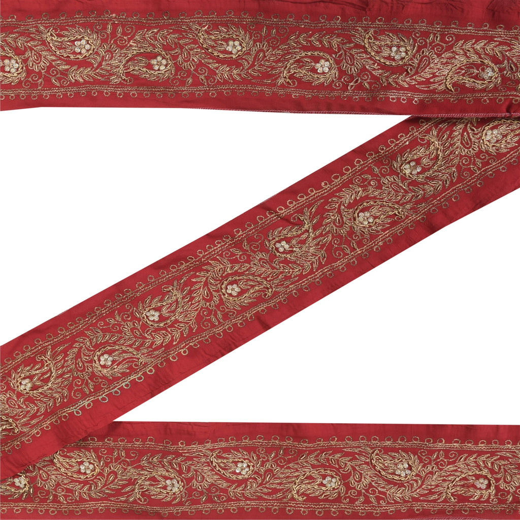 Sanskriti Vintage Sari/Saree Border Hand Beaded Zari 1 YD Trim Marron 2.5W Lace