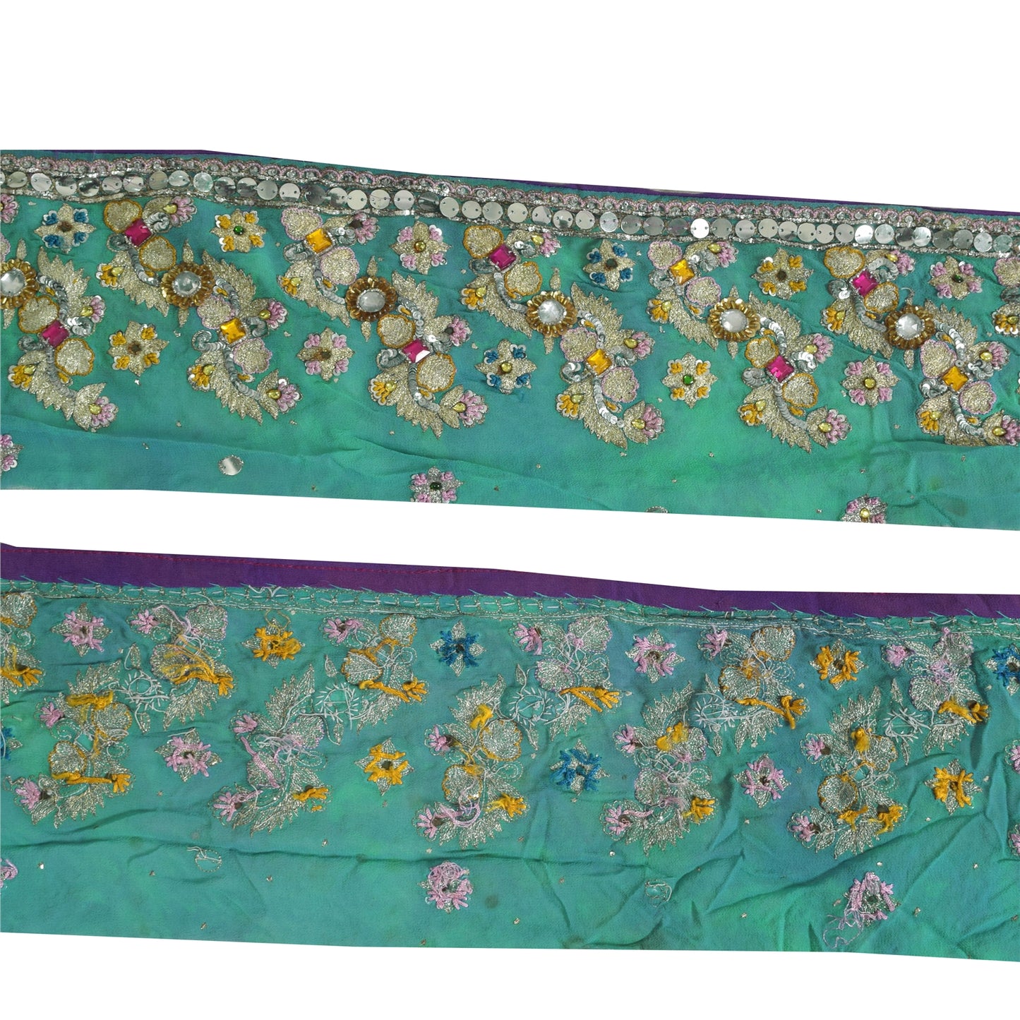 Sanskriti Vintage Sari Border Hand Beaded Zari Zardozi 1 YD Trim Blue 4W Lace