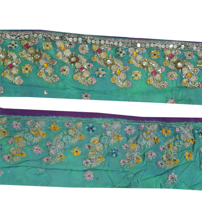 Sanskriti Vintage Sari Border Hand Beaded Zari Zardozi 1 YD Trim Blue 4W Lace