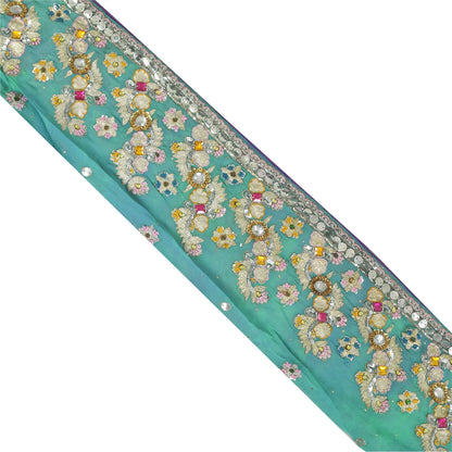 Sanskriti Vintage Sari Border Hand Beaded Zari Zardozi 1 YD Trim Blue 4W Lace