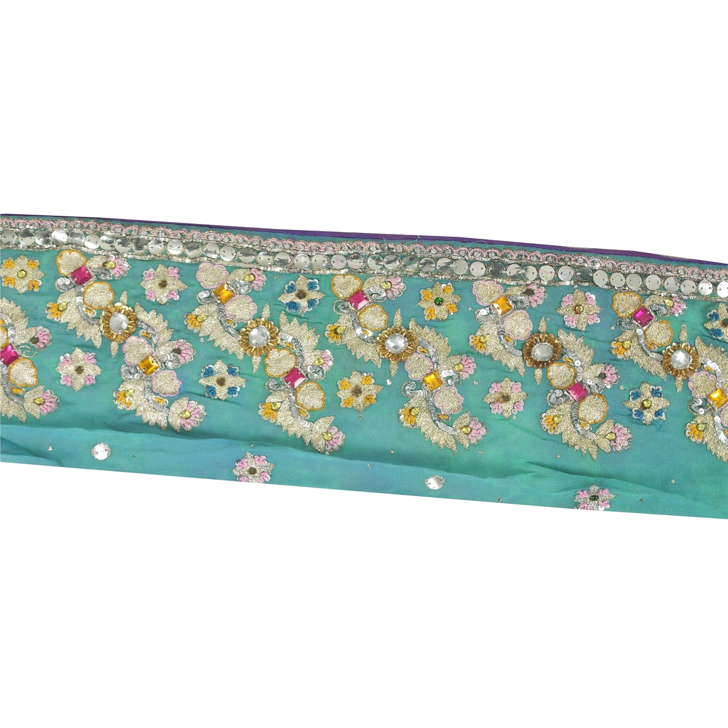 Sanskriti Vintage Sari Border Hand Beaded Zari Zardozi 1 YD Trim Blue 4W Lace