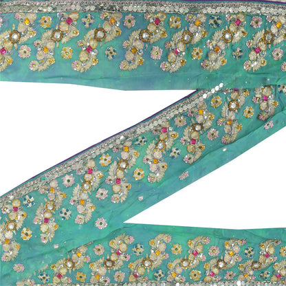 Sanskriti Vintage Sari Border Hand Beaded Zari Zardozi 1 YD Trim Blue 4W Lace
