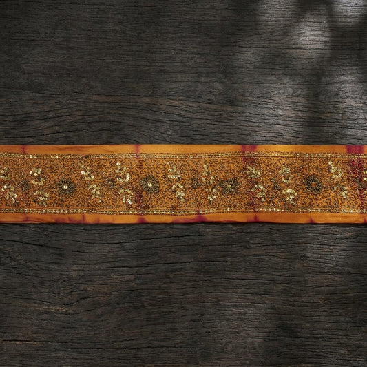 Sanskriti Vintage 1 YD Sari Border Orange Pure Crepe Hand Embroidered Craft Trim