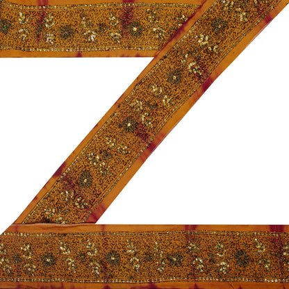 Sanskriti Vintage 1 YD Sari Border Orange Pure Crepe Hand Embroidered Craft Trim