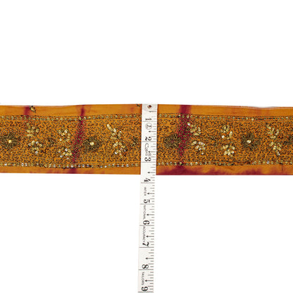 Sanskriti Vintage 1 YD Sari Border Orange Pure Crepe Hand Embroidered Craft Trim