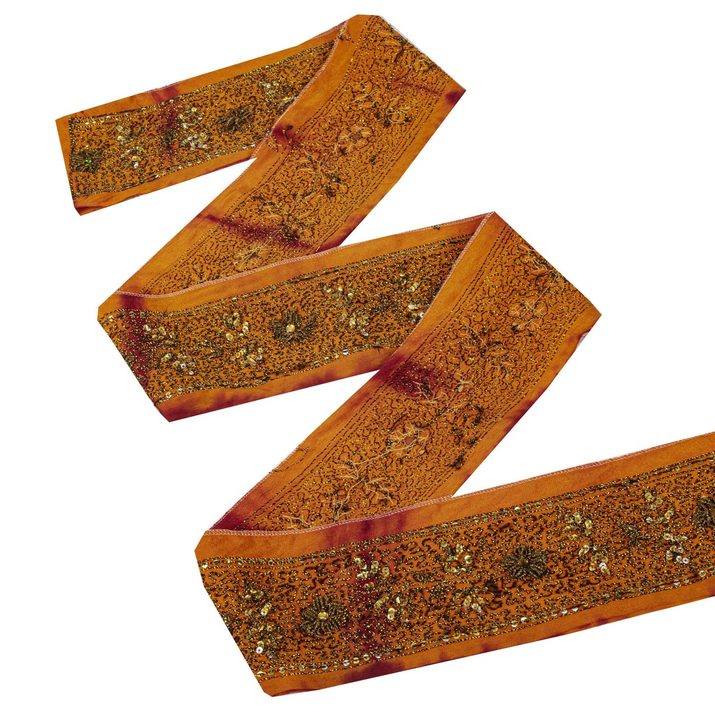 Sanskriti Vintage 1 YD Sari Border Orange Pure Crepe Hand Embroidered Craft Trim