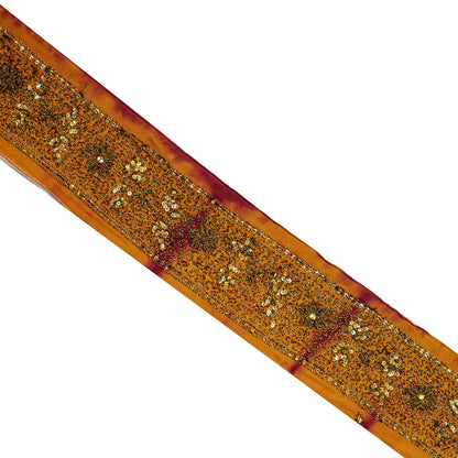 Sanskriti Vintage 1 YD Sari Border Orange Pure Crepe Hand Embroidered Craft Trim