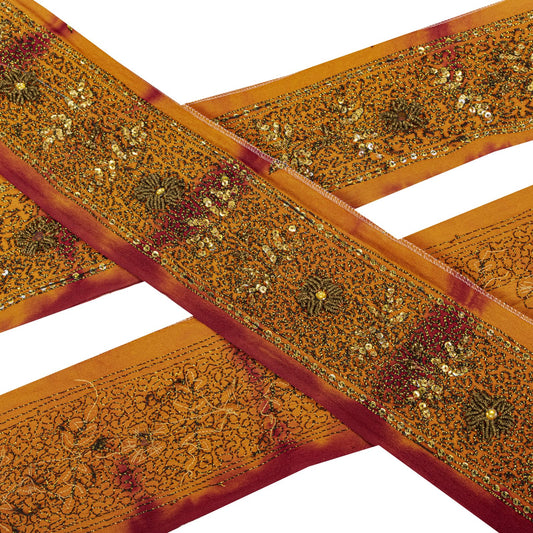 Sanskriti Vintage 1 YD Sari Border Orange Pure Crepe Hand Embroidered Craft Trim