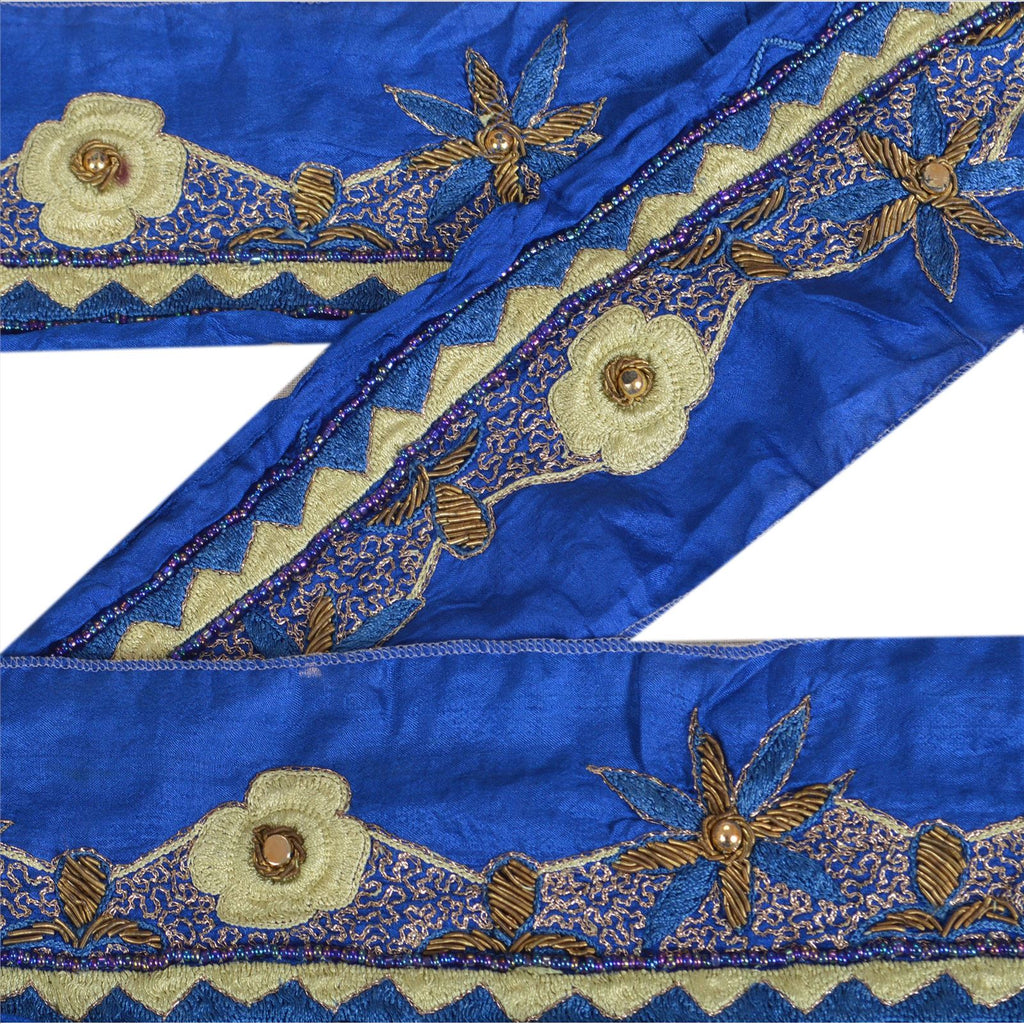 Sanskriti Vintage Sari Border Handbeaded 1 Yd Indian Trim Sewing Blue Lace