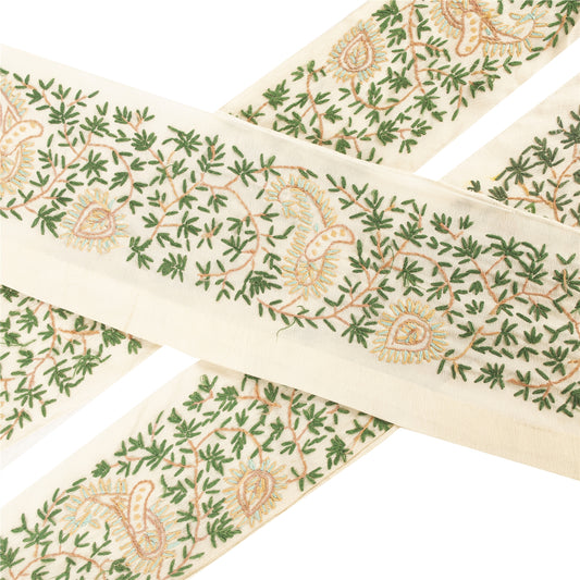 Sanskriti Vintage Sari Border Hand Embroidered Craft 1YD Sewing Cream Trims Lace