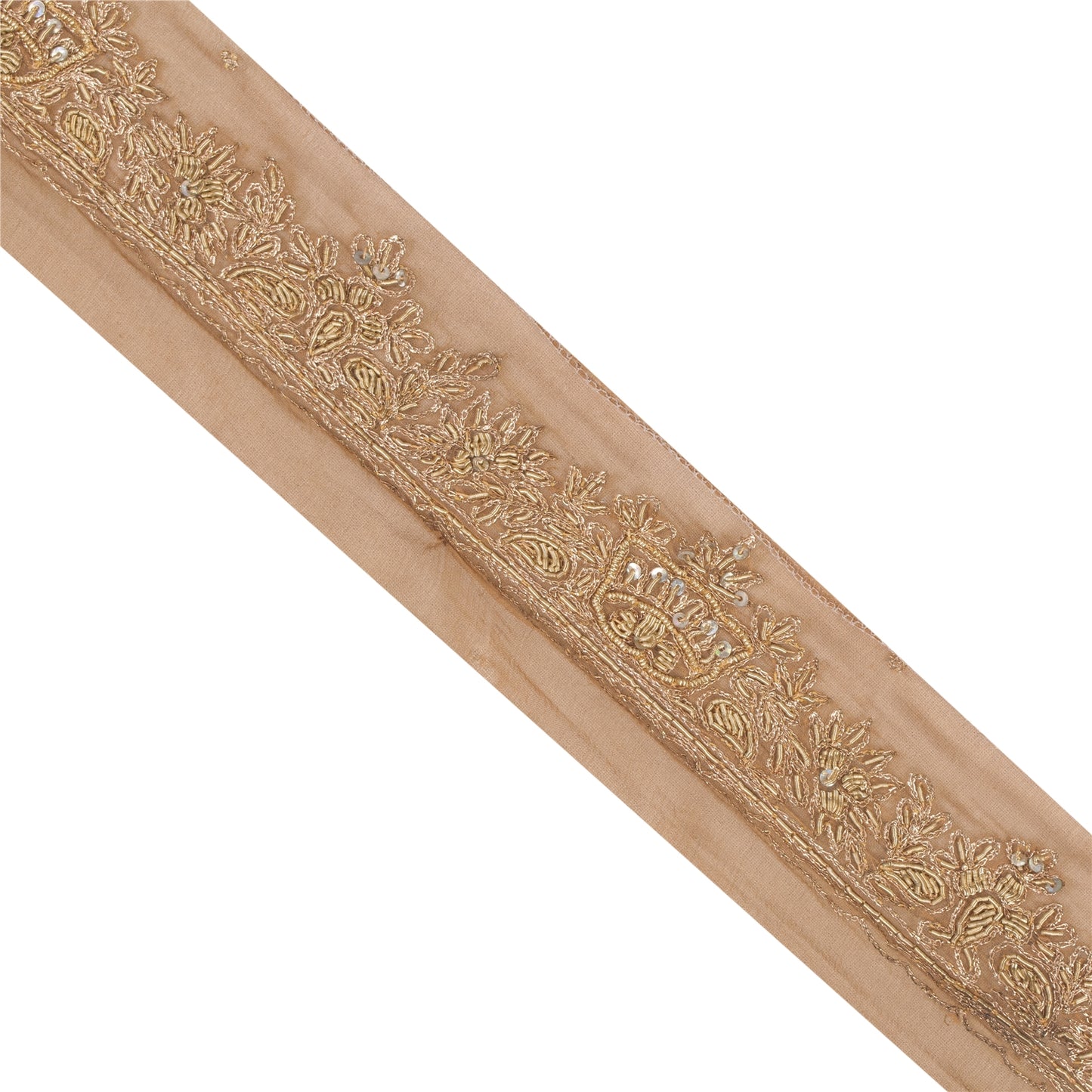 Sanskriti Vintage Sari Border Hand Bead Zardozi 1YD Indian Silk Trim Brown Lace