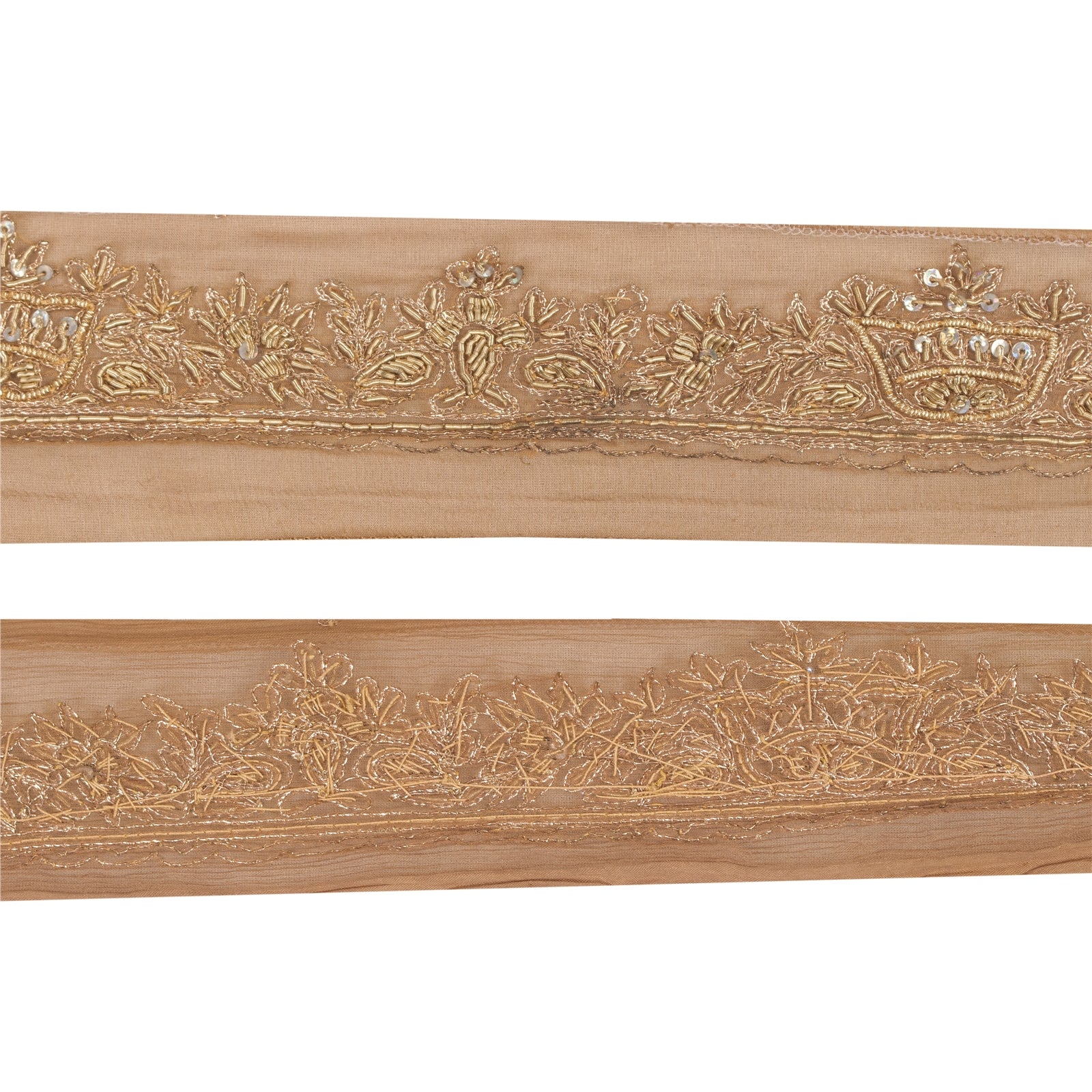 Sanskriti Vintage Sari Border Hand Bead Zardozi 1YD Indian Silk Trim Brown Lace