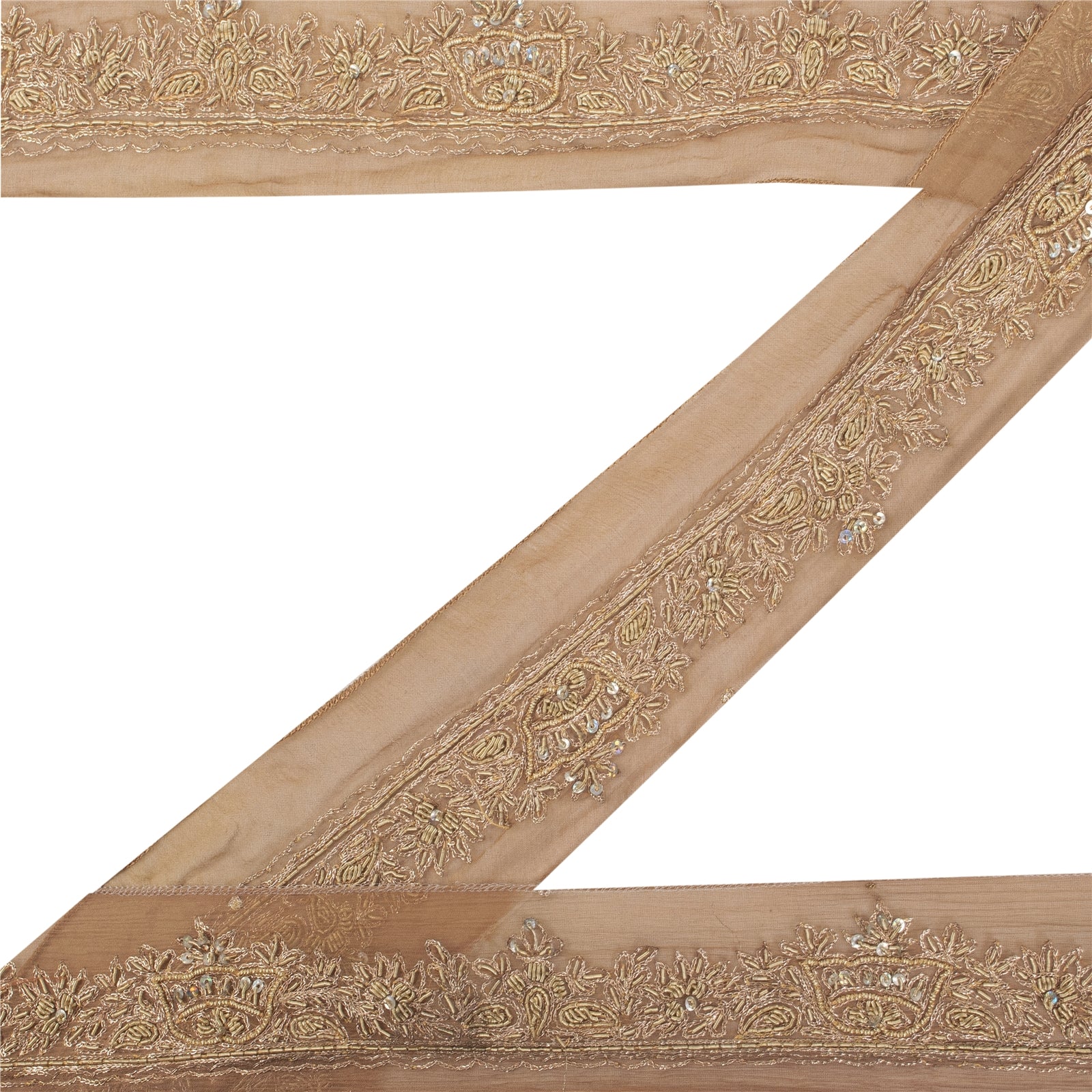 Sanskriti Vintage Sari Border Hand Bead Zardozi 1YD Indian Silk Trim Brown Lace