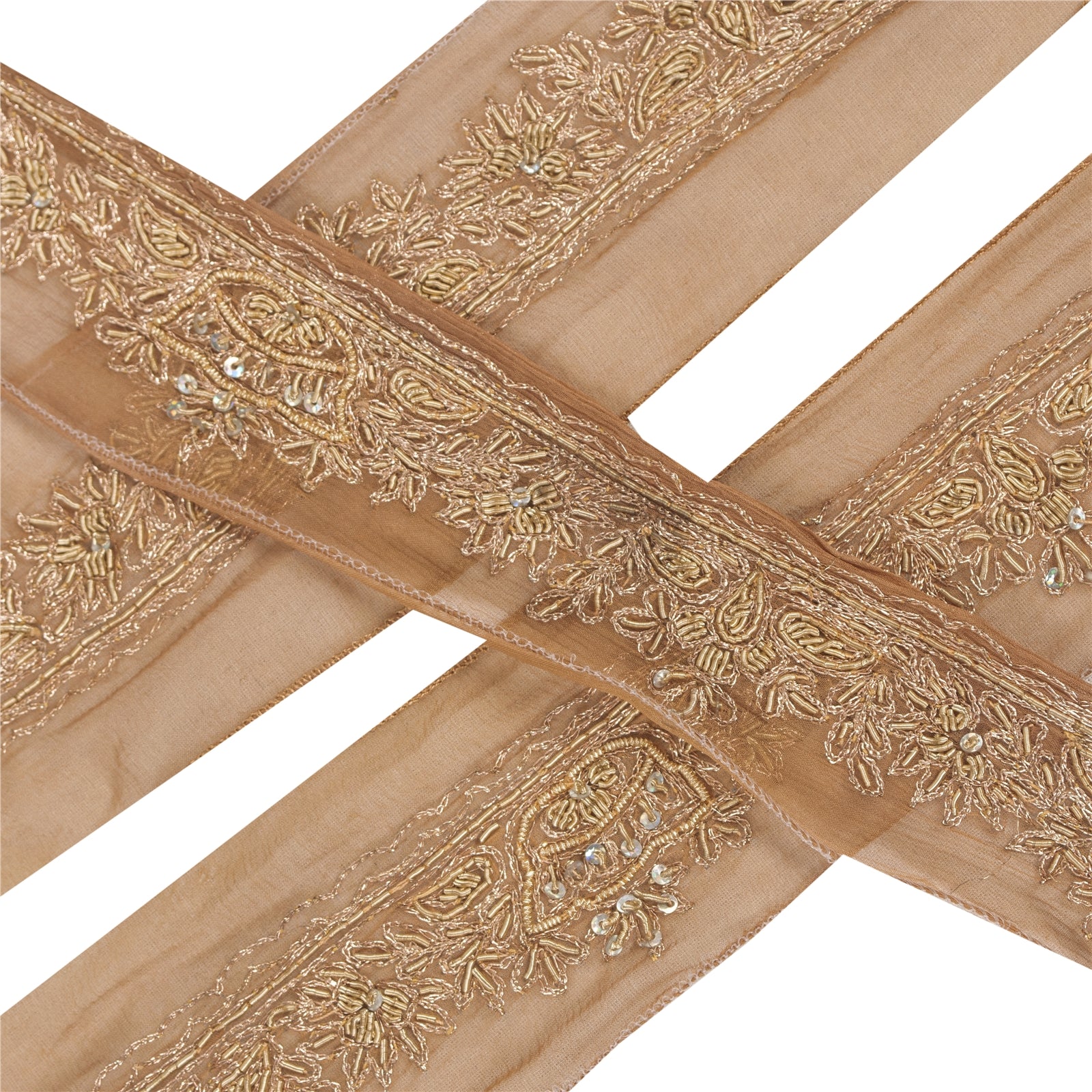 Sanskriti Vintage Sari Border Hand Bead Zardozi 1YD Indian Silk Trim Brown Lace