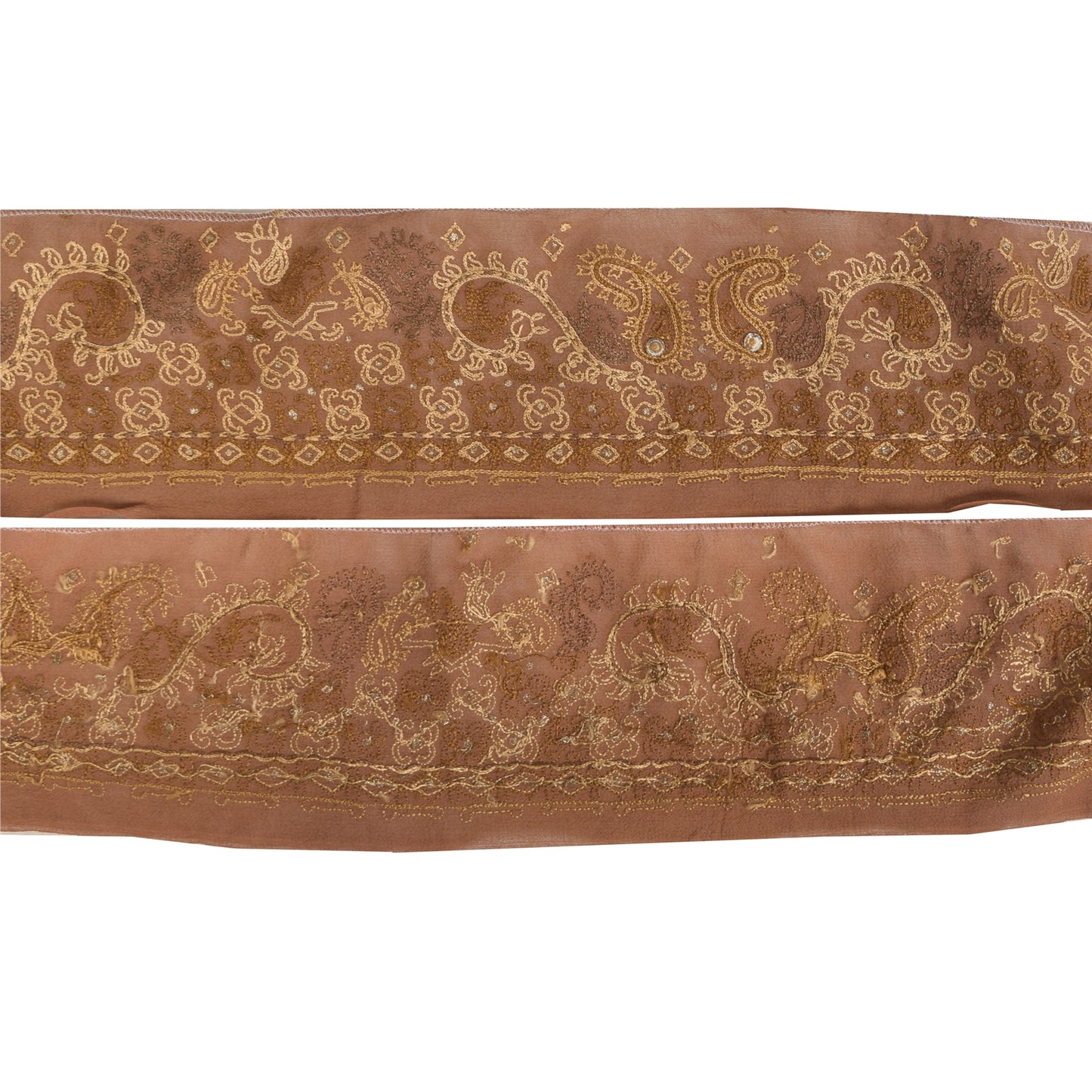 Sanskriti Vintage Sari/Saree Border Hand Beaded Zari 1 YD Trim Brown 2.5W Lace