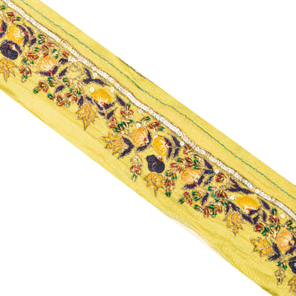 Sanskriti VINTAGE SARI BORDER HAND BEADED 1 yD TRIM LACE 2W PURE SILK GREEN