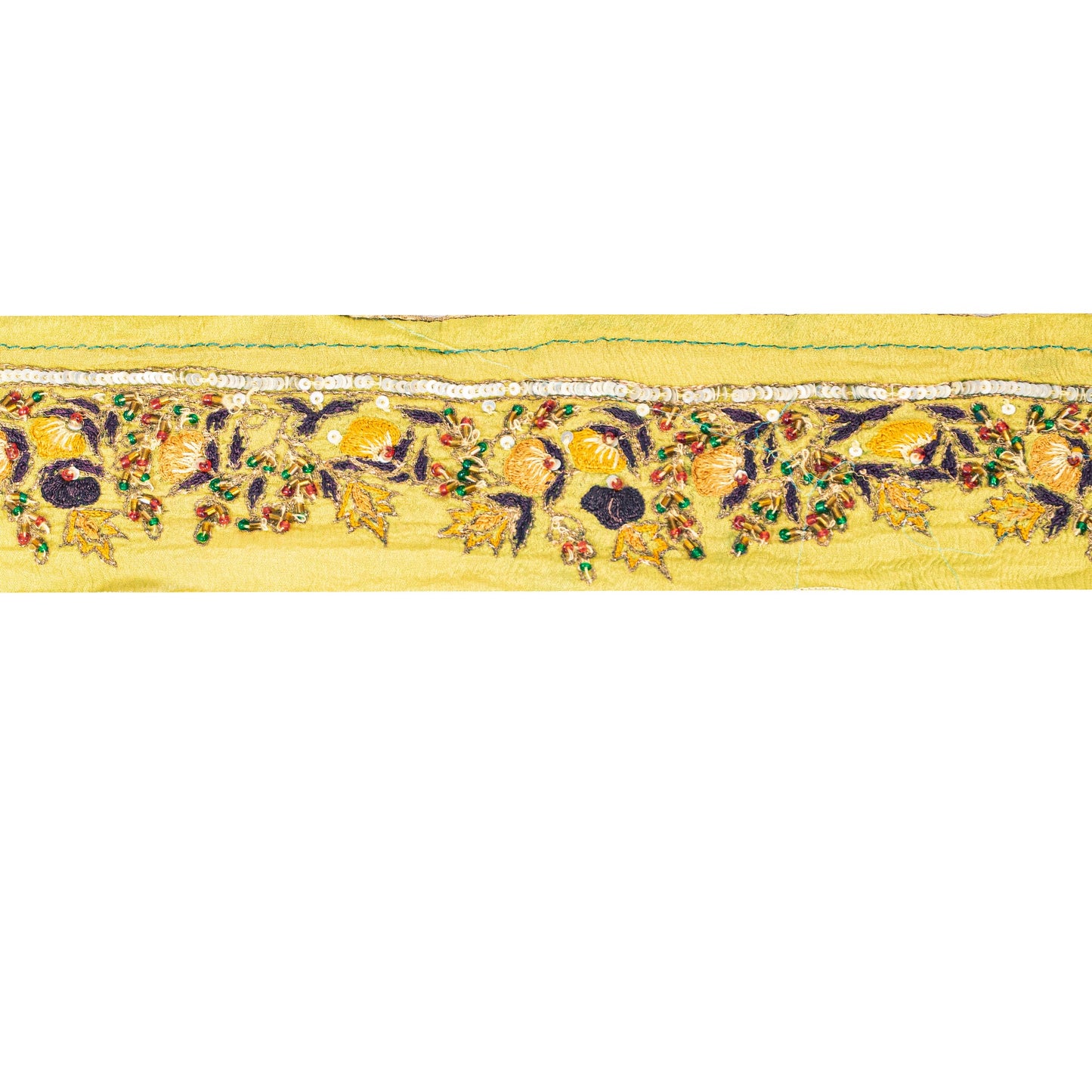 Sanskriti VINTAGE SARI BORDER HAND BEADED 1 yD TRIM LACE 2W PURE SILK GREEN